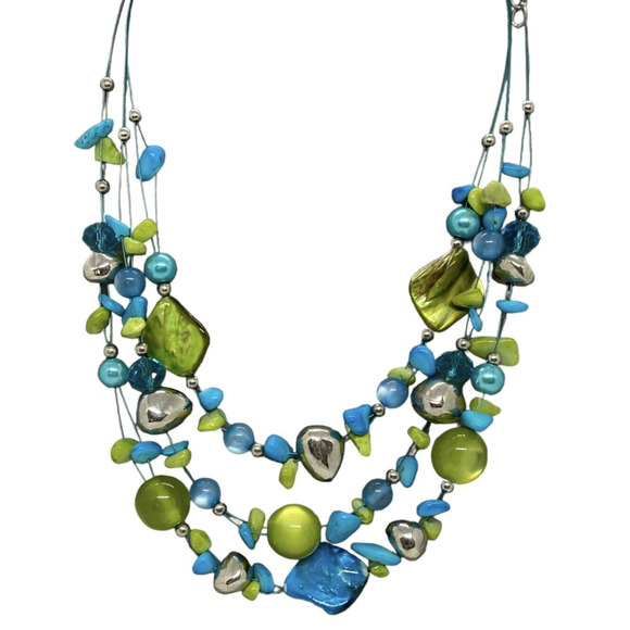 Multicolored Turquoise Stones Green Beads Three Strand Necklace Handcrafted - Picture 9 of 15